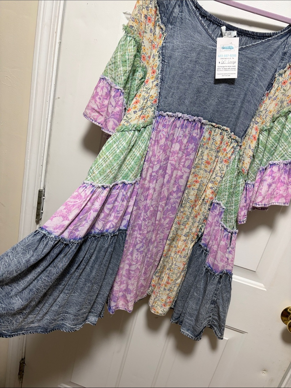 Oli & Hali Lavender, Green and Denim Patchwork Midi Dress - Picture 6 of 9